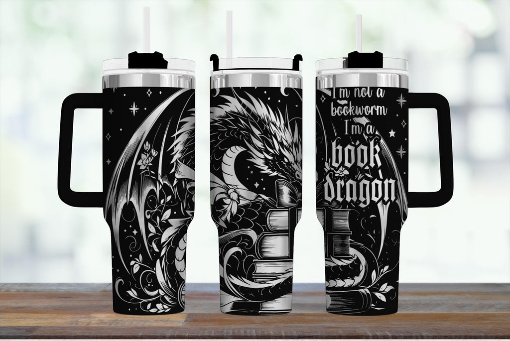 Insulated Tumbler With Handle Book Dragon Design 40 Ounce Stainless Steel Construction Gothic Fantasy Artwork Pattern Reading Companion Gift Cold Beverage Travel Mug Literary Themed Drinkware Whimsical Dragon Illustration Perfect For Book
