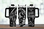 Insulated Tumbler With Handle Book Dragon Design 40 Ounce Stainless Steel Construction Gothic Fantasy Artwork Pattern Reading Companion Gift Cold Beverage Travel Mug Literary Themed Drinkware Whimsical Dragon Illustration Perfect For Book