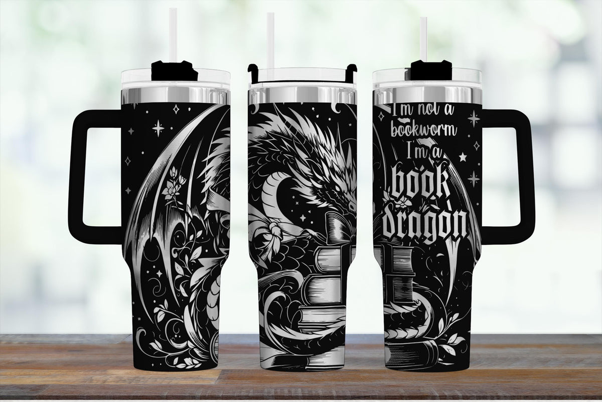 Insulated Tumbler With Handle Book Dragon Design 40 Ounce Stainless Steel Construction Gothic Fantasy Artwork Pattern Reading Companion Gift Cold Beverage Travel Mug Literary Themed Drinkware Whimsical Dragon Illustration Perfect For Book