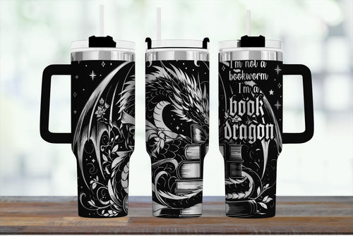Insulated Tumbler With Handle Book Dragon Design 40 Ounce Stainless Steel Construction Gothic Fantasy Artwork Pattern Reading Companion Gift Cold Beverage Travel Mug Literary Themed Drinkware Whimsical Dragon Illustration Perfect For Book