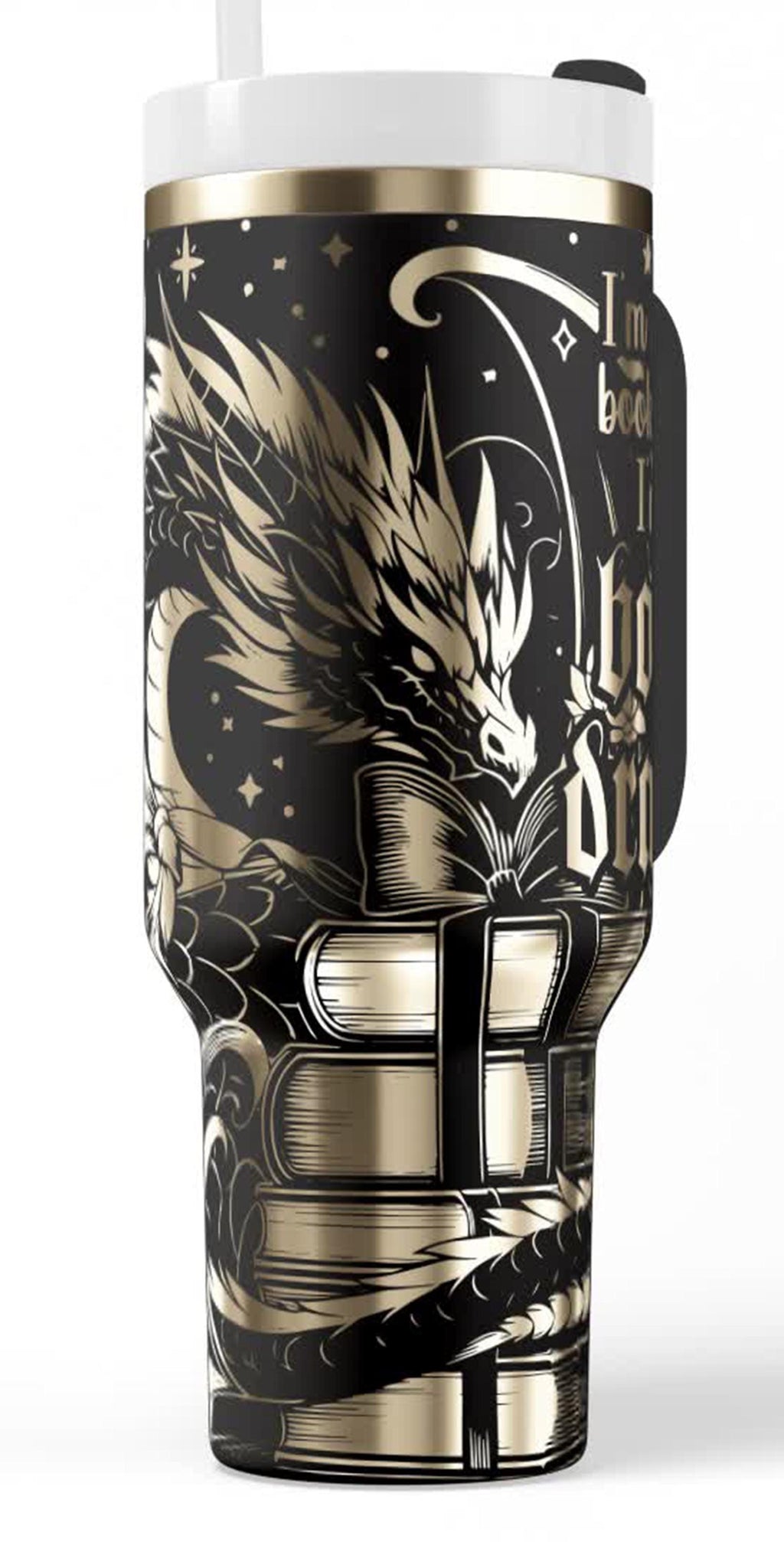 Book Dragon Tumbler Fantasy Gothic Artwork Stainless Steel Insulated Travel Mug Reader Gift Bookworm Enthusiast Present Romantasy Lover Essential Handle Beverage Container Cold Drink Bottle Daily Coffee Companion 40 Ounce Capacity Portable