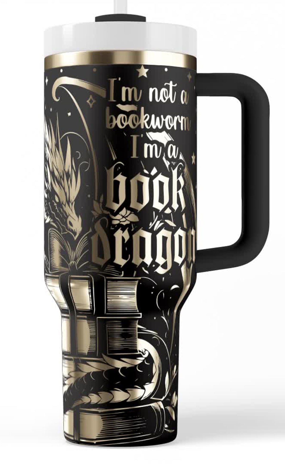 40oz Dragon Tumbler Stainless Steel Insulated Construction Book Lover Gift Fantasy Drinkware Collection Double Wall Temperature Control Reading Companion Design Gothic Artwork Theme Literary Present Bookworm Bibliophile Essential Handle