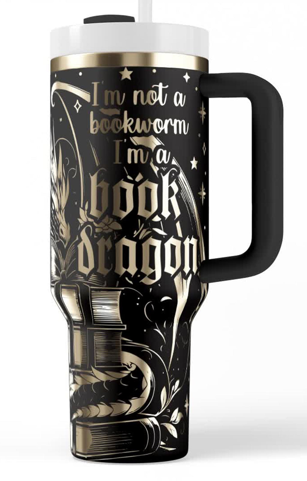 Fantasy Dragon Artwork Tumbler Gothic Design Book Lover Gift 40 Ounce Insulated Travel Mug With Handle Stainless Steel Construction Literary Quote Pattern Reading Session Companion Cold Beverage Keeper Bookworm Present Whimsical Dragon