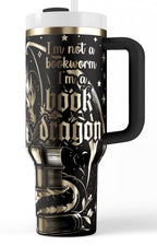 Insulated Tumbler For Readers Book Dragon Design Fantasy Drinkware Collection 40oz Capacity Stainless Steel Double Wall Construction Temperature Retention Handle Straw System Reading Companion Perfect Gift Literary Theme Gothic Artwork