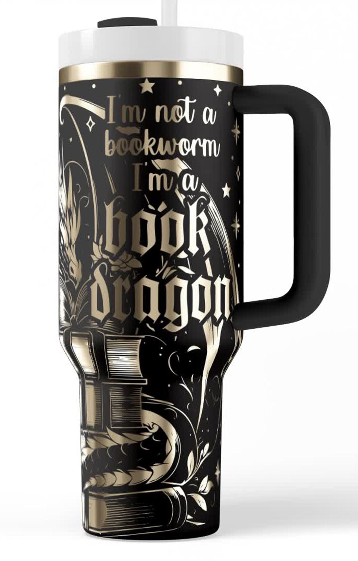 Insulated Tumbler For Readers Book Dragon Design Fantasy Drinkware Collection 40oz Capacity Stainless Steel Double Wall Construction Temperature Retention Handle Straw System Reading Companion Perfect Gift Literary Theme Gothic Artwork