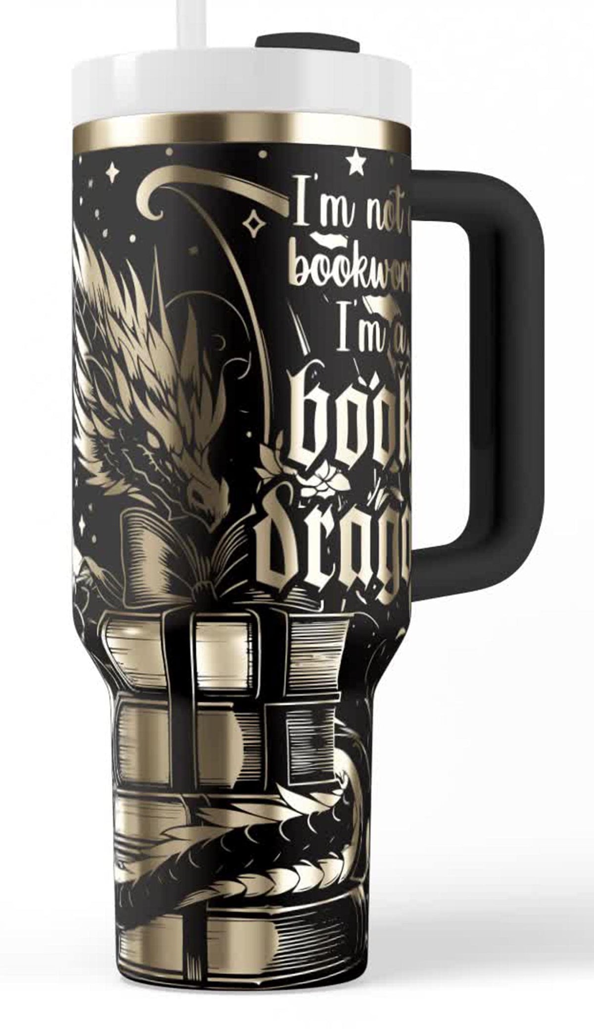 Perfect Gift For Book Lovers Dragon Tumbler With Handle 40 Ounce Insulated Stainless Steel Travel Mug Gothic Fantasy Artwork Design Reading Companion Cold Beverage Keeper Literary Themed Drinkware Whimsical Dragon Pattern Bookworm Birthday