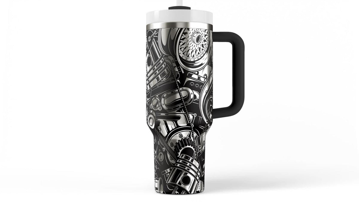 Automotive Enthusiast Tumbler Insulated Steel Cup 40oz Capacity Car Lover Gift Laser Engraved Mechanical Parts Design Vehicle Graphics Pattern Workshop Beverage Holder Garage Drinkware Essential Professional Mechanic Appreciation Present