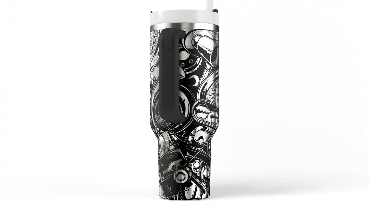 Car Enthusiast Gift Tumbler Insulated Steel Cup 40oz Capacity Automotive Parts Design Laser Engraved Vehicle Graphics Mechanic Appreciation Present Workshop Drinkware Essential Garage Beverage Holder Professional Grade Construction Hot Rod