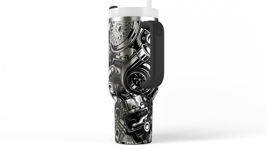 Hot Rod Lover Tumbler 40oz Insulated Cup Automotive Design Gearhead Gift Essential Laser Engraved Mechanical Parts Pattern Stainless Steel Construction Workshop Beverage Holder Professional Mechanic Drinkware Car Enthusiast Collection Item