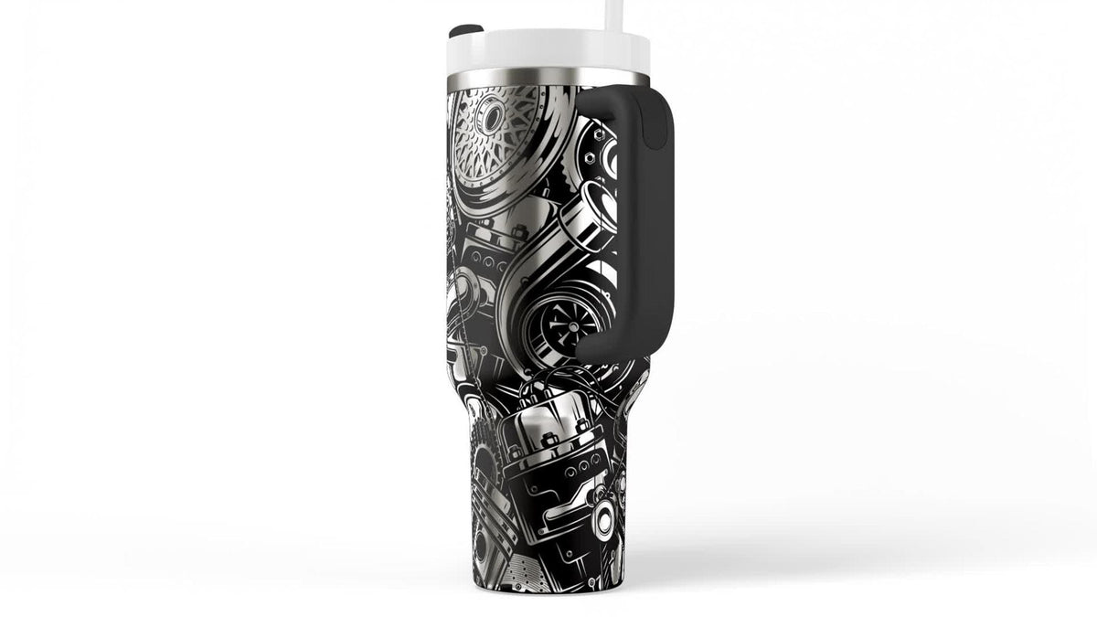Hot Rod Lover Tumbler 40oz Insulated Cup Automotive Design Gearhead Gift Essential Laser Engraved Mechanical Parts Pattern Stainless Steel Construction Workshop Beverage Holder Professional Mechanic Drinkware Car Enthusiast Collection Item