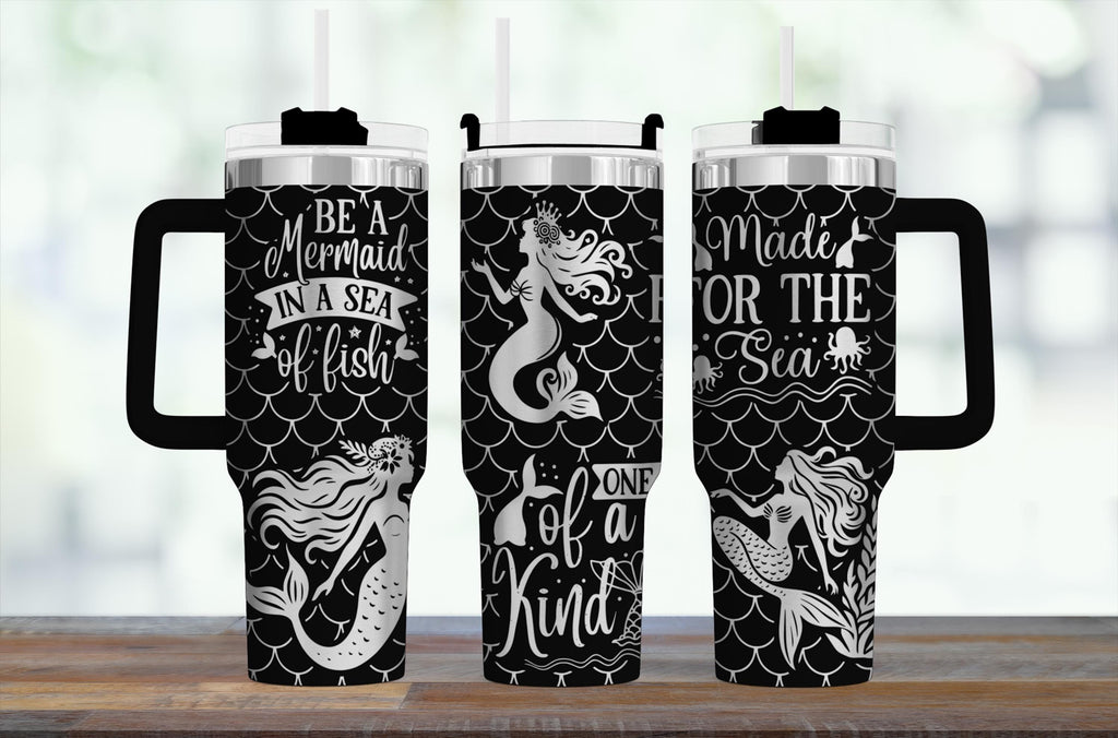 Ocean Theme Tumbler Mermaid Inspired Design 40oz Insulated Beach Cup Stainless Steel Handle Construction Double Wall Technology Summer Adventure Essential Coastal Lifestyle Drinkware Beautiful Sea Pattern Fish Scale Background Comfortable