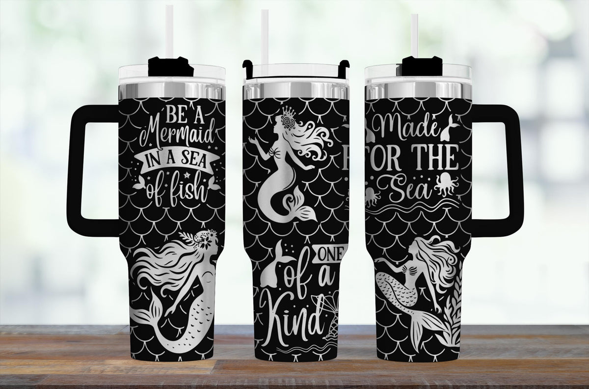 Ocean Theme Tumbler Mermaid Inspired Design 40oz Insulated Beach Cup Stainless Steel Handle Construction Double Wall Technology Summer Adventure Essential Coastal Lifestyle Drinkware Beautiful Sea Pattern Fish Scale Background Comfortable