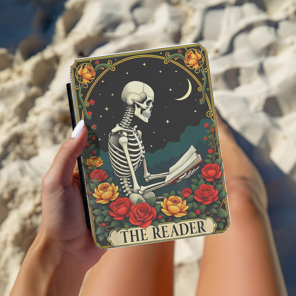 Book Lover Witchy Gift Ereader Case Skeleton Tarot Gothic Kindle Sleeve Dark Academia Aesthetic Reader Accessory Protective Cover Paperwhite Colorsoft Compatible Mystical Design Leather Pouch Magnetic Closure Reading Essential Her Birthday