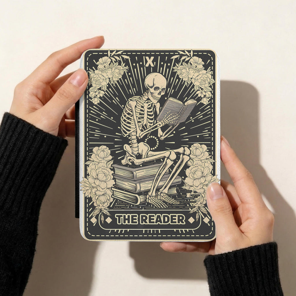 Protective Ereader Case Skeleton Tarot Bookish Gift Gothic Kindle Sleeve Dark Academia Aesthetic Cover Book Lover Present Witchy Reader Accessory Paperwhite Colorsoft Compatible Mystical Leather Pouch Magnetic Closure Reading Essential Her