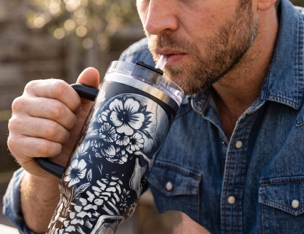 40oz Tumbler Skull Design Gothic Style Insulated Stainless Steel Double Walled Construction Thermal Travel Mug Powder Coated Finish Skeleton Pattern Drinkware Secure Lid Included Statement Piece Gift Dark Aesthetic Everyday Use Keeps
