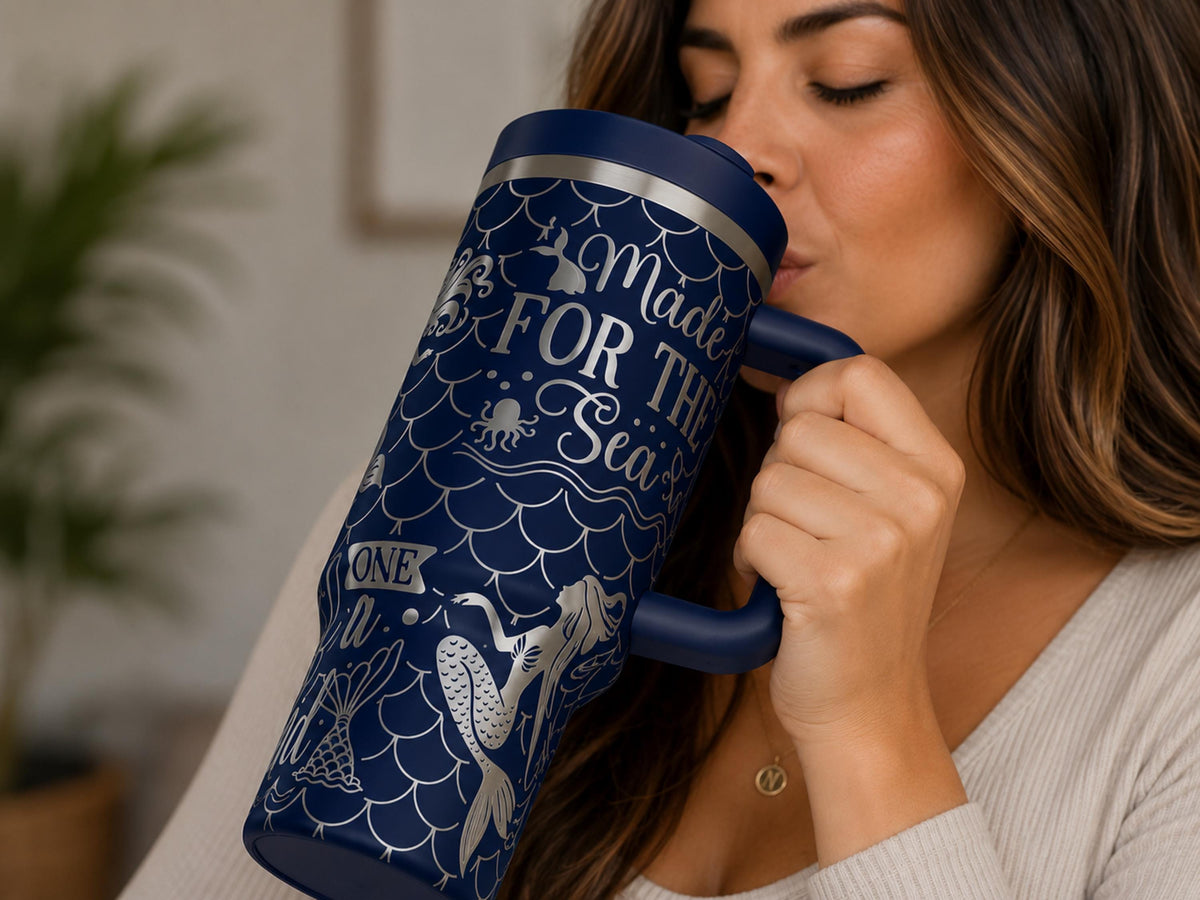 Insulated Stainless Steel Tumbler 40oz Capacity Double Wall Technology Keeps Drinks Cold Hours Beach Travel Mug Mermaid Ocean Theme Design Handle Grip Straw Lid Summer Adventure Essential Coastal Drinkware Collection Perfect Gift Idea Sea
