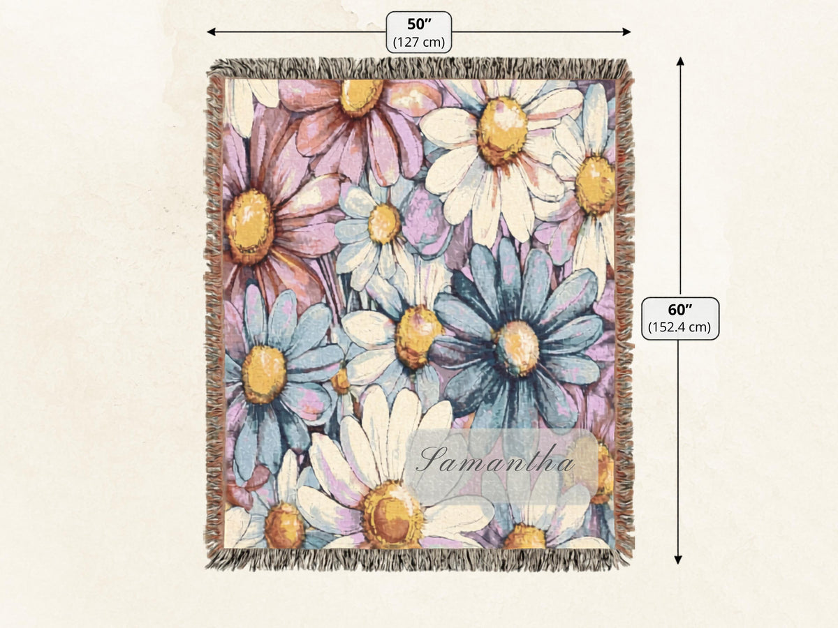 Custom Name Blanket Pillow Set Personalized Throw Collection Watercolor Boho Daisy Print Blue Pink Cream Floral Design Cotton Fringe Blanket Matching Square Pillow Women Bedroom Living Room Nursery Gift Birthday Housewarming Mother