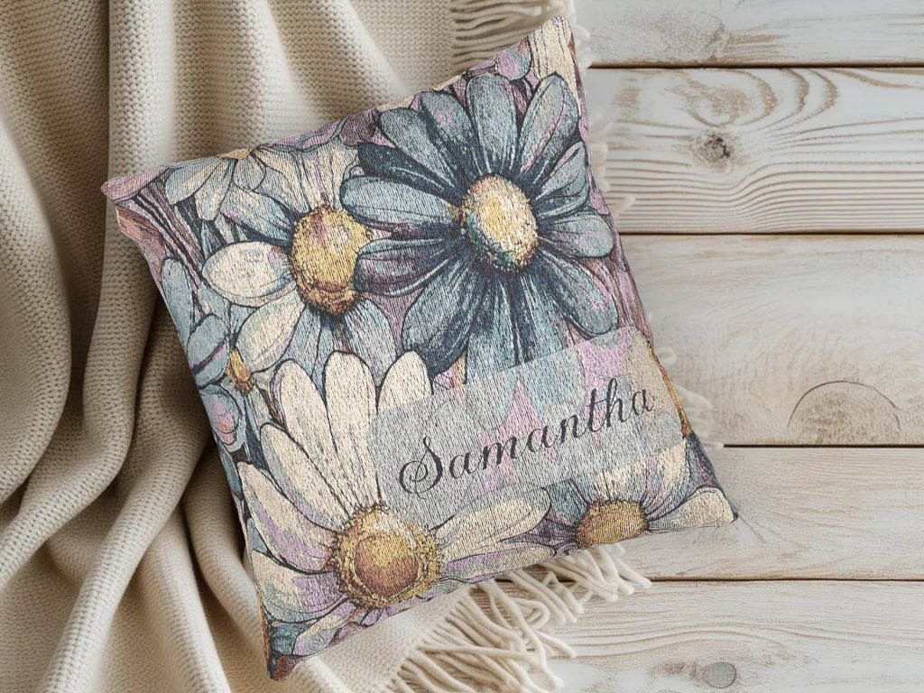 Custom Name Blanket Pillow Set Personalized Throw Collection Watercolor Boho Daisy Print Blue Pink Cream Floral Design Cotton Fringe Blanket Matching Square Pillow Women Bedroom Living Room Nursery Gift Birthday Housewarming Mother