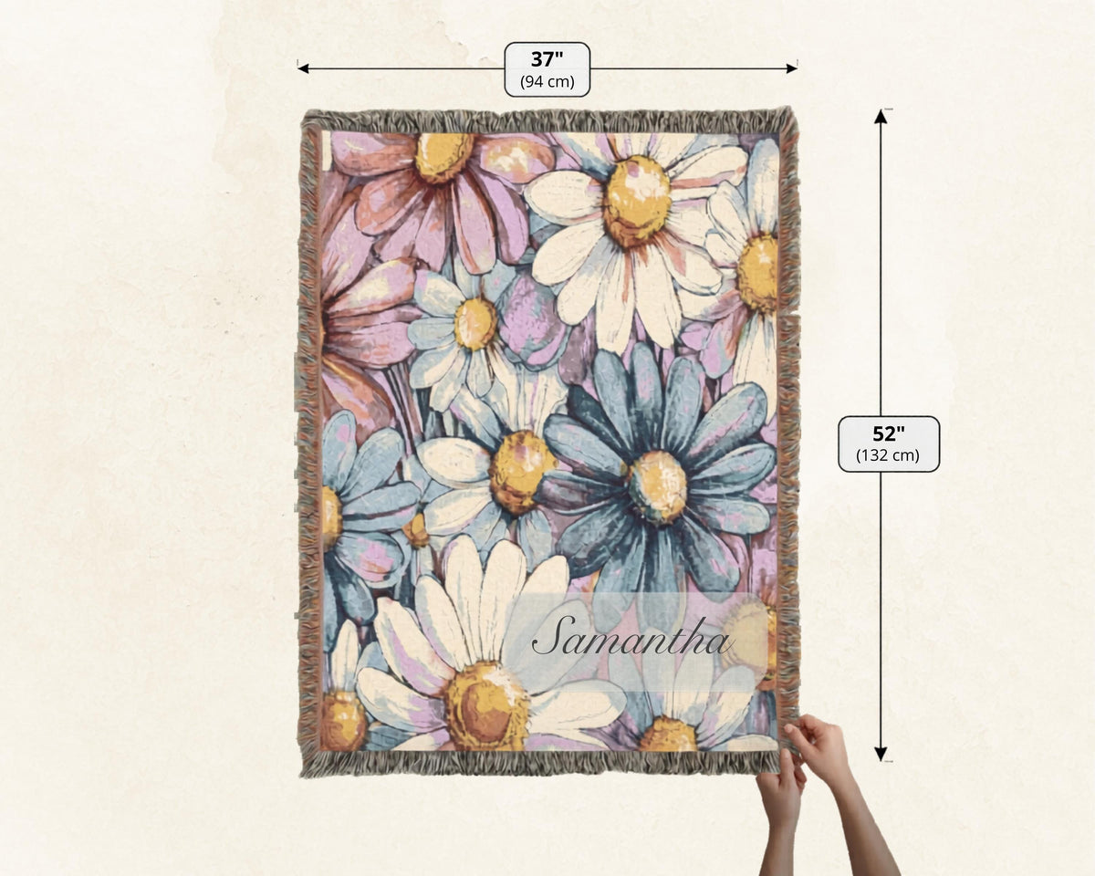 Custom Name Blanket Pillow Set Personalized Throw Collection Watercolor Boho Daisy Print Blue Pink Cream Floral Design Cotton Fringe Blanket Matching Square Pillow Women Bedroom Living Room Nursery Gift Birthday Housewarming Mother