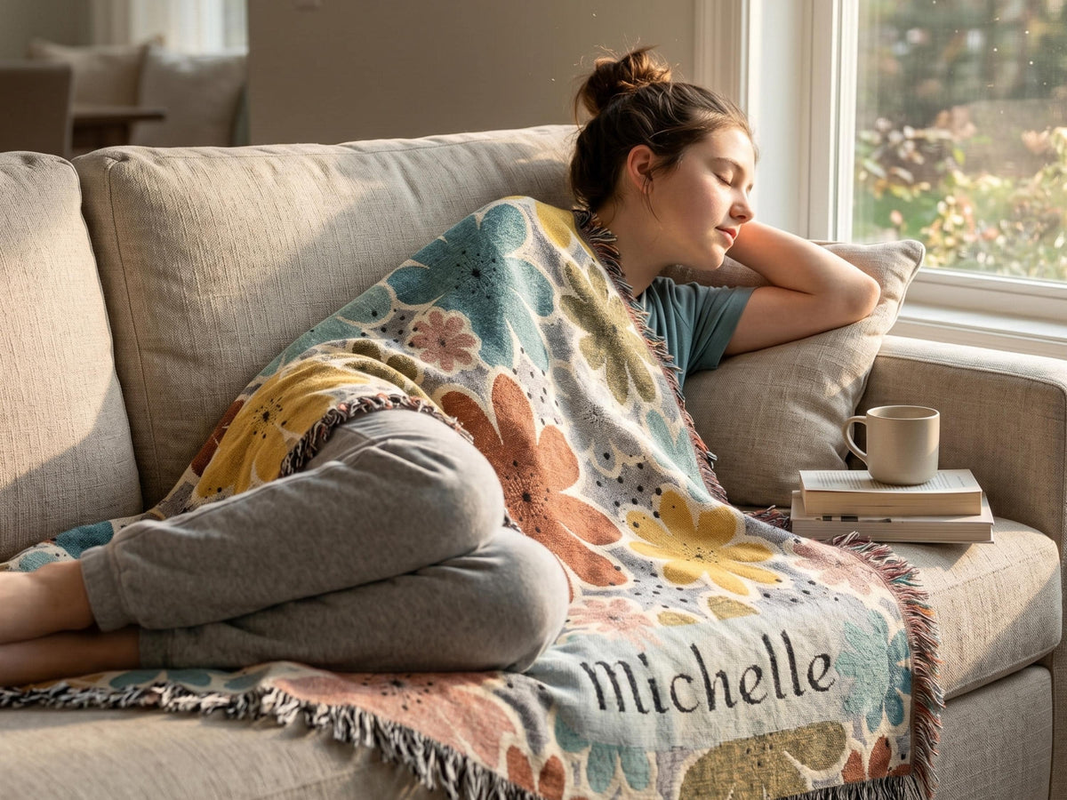 Woven Cotton Blanket Custom Name Personalized Throw With Retro Floral Daisy Pattern Colorful Fringe Edges Perfect College Dorm Essential Teen Room Styling Soft Comfortable Bedding Beautiful Birthday Present Housewarming Gift Graduation