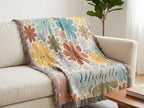 Custom Throw Blanket Pillow Set Personalized Name Embroidered Collection Cotton Fringe Design Floral Pattern Gift Birthday Mothers Day Christmas Present Living Room Couch Accent Farmhouse Style Home Rust Yellow Pink Sage Green Blue Dotted