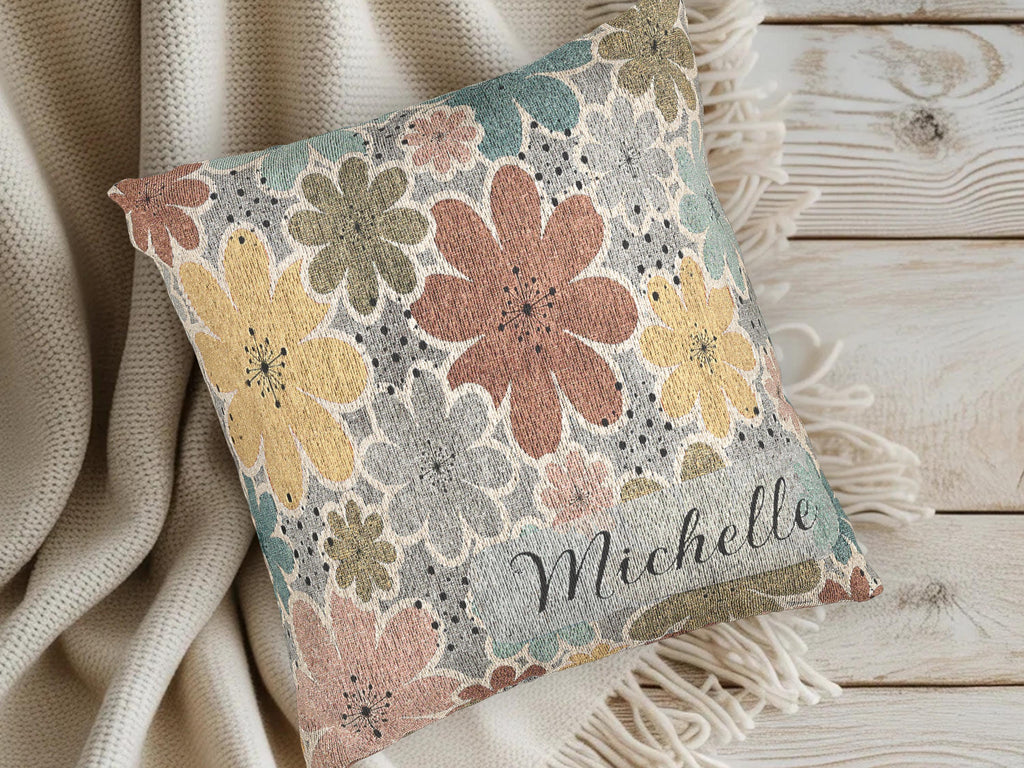 Custom Throw Blanket Pillow Set Personalized Name Embroidered Collection Cotton Fringe Design Floral Pattern Gift Birthday Mothers Day Christmas Present Living Room Couch Accent Farmhouse Style Home Rust Yellow Pink Sage Green Blue Dotted