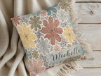 Custom Throw Blanket Pillow Set Personalized Name Embroidered Collection Cotton Fringe Design Floral Pattern Gift Birthday Mothers Day Christmas Present Living Room Couch Accent Farmhouse Style Home Rust Yellow Pink Sage Green Blue Dotted