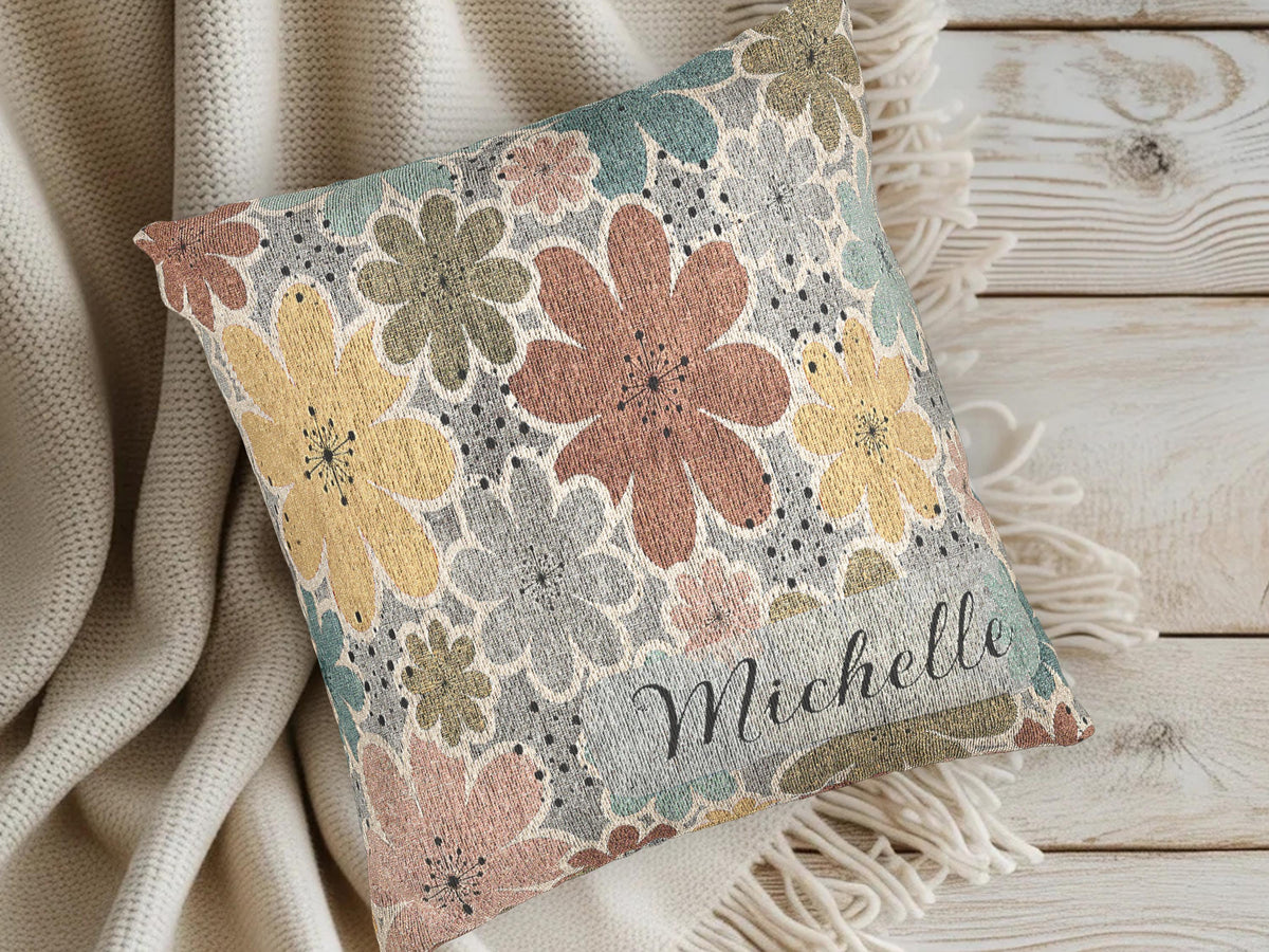 Custom Throw Blanket Pillow Set Personalized Name Embroidered Collection Cotton Fringe Design Floral Pattern Gift Birthday Mothers Day Christmas Present Living Room Couch Accent Farmhouse Style Home Rust Yellow Pink Sage Green Blue Dotted