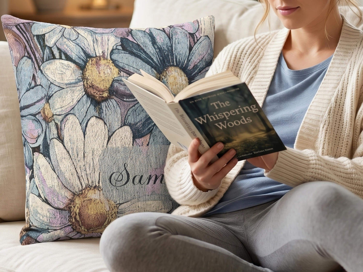 Textured Floral Pillow Cover Blue Daisy Design College Dorm Room Accessories Woven Cushion Case Yellow Flower Pattern Teen Bedroom Decor Living Room Couch Pillows Cottage Style Home Accents Double Sided Throw Pillowcase Apartment Decorating