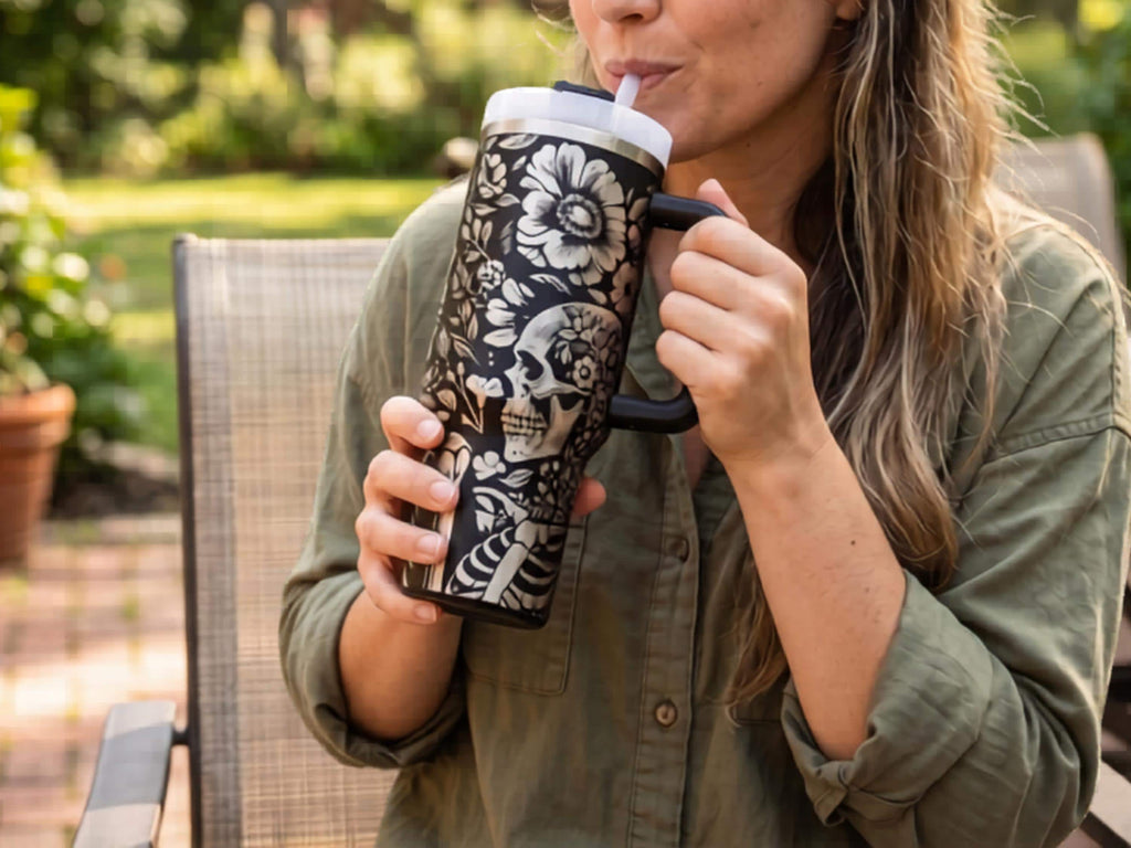 Gothic Drinkware Skull Design 40oz Stainless Steel Insulated Tumbler Double Walled Thermal Travel Mug Powder Coated Black Finish Skeleton Pattern Gift Secure Lid Included Keeps Beverages Hot Seven Hours Cold Eleven Hours Alternative Style