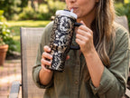 Gothic Drinkware Skull Design 40oz Stainless Steel Insulated Tumbler Double Walled Thermal Travel Mug Powder Coated Black Finish Skeleton Pattern Gift Secure Lid Included Keeps Beverages Hot Seven Hours Cold Eleven Hours Alternative Style