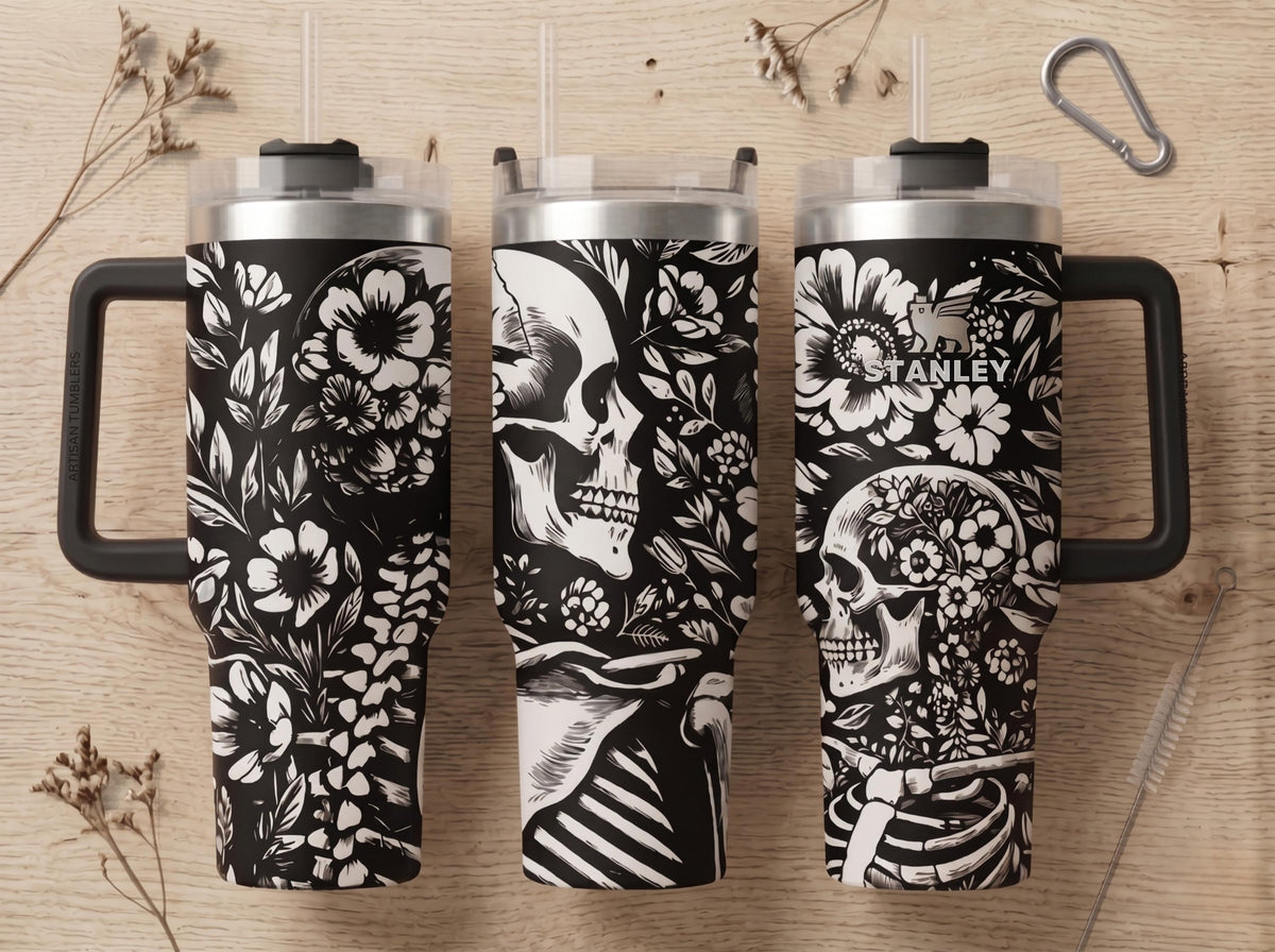 Insulated Stainless Steel Tumbler 40oz Gothic Skull Design Double Walled Thermal Construction Travel Mug Gift Powder Coated Finish Skeleton Aesthetic Secure Lid Spill Proof Dark Style Drinkware Keeps Drinks Hot Cold Hours Statement Piece