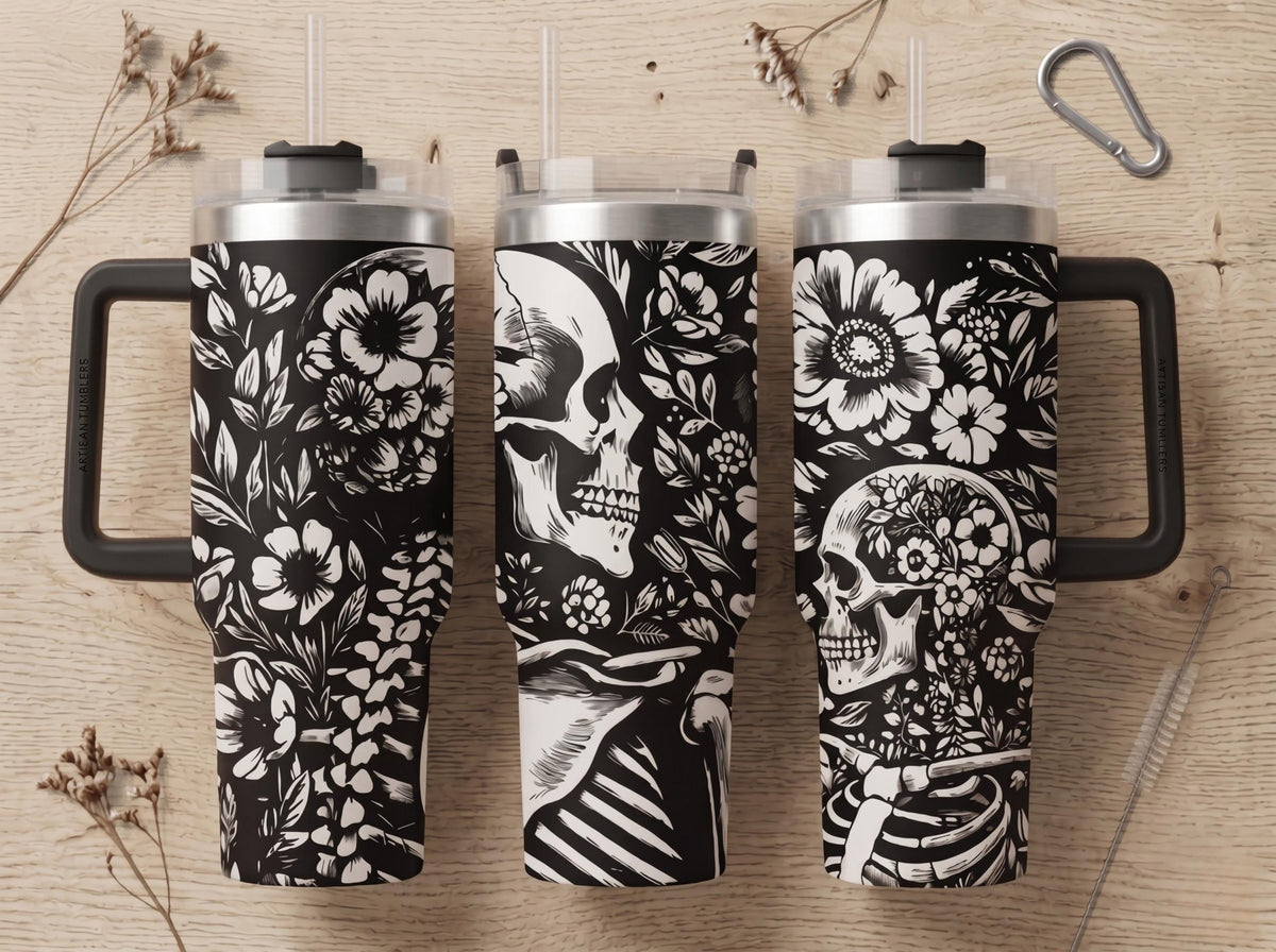Skeleton Design Tumbler Gothic Aesthetic 40oz Insulated Stainless Steel Double Walled Thermal Drinkware Skull Pattern Travel Mug Powder Coated Finish Secure Lid Spill Proof Statement Piece Gift Dark Style Everyday Use Keeps Drinks Hot Seven