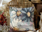 Cotton Fringe Throw Blanket Pillow Set Personalized Name Gift Watercolor Boho Daisy Print Blue Pink Cream Colors Women Bedroom Living Room Nursery Bedding Matching Square Pillow Cover Birthday Mother Grandmother Housewarming Present Custom