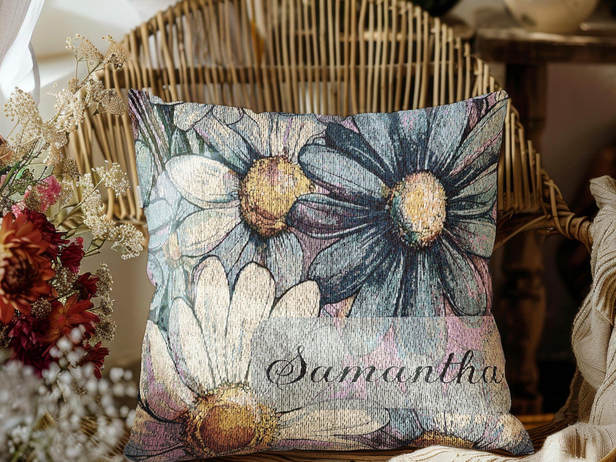 Cotton Fringe Throw Blanket Pillow Set Personalized Name Gift Watercolor Boho Daisy Print Blue Pink Cream Colors Women Bedroom Living Room Nursery Bedding Matching Square Pillow Cover Birthday Mother Grandmother Housewarming Present Custom