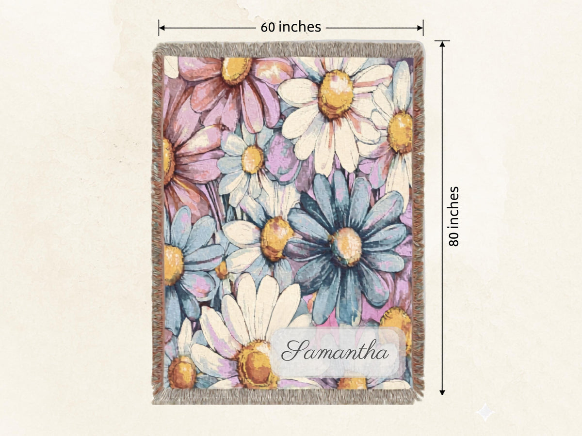 Custom Name Blanket Pillow Set Personalized Throw Collection Watercolor Boho Daisy Print Blue Pink Cream Floral Design Cotton Fringe Blanket Matching Square Pillow Women Bedroom Living Room Nursery Gift Birthday Housewarming Mother