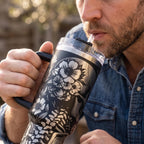 Stainless Steel Skull Tumbler Gothic Black Insulated Drinkware Skeleton Floral Design Dark Aesthetic Cup Halloween Gift Idea Spooky Thermal Travel Mug Alternative Lifestyle Accessory Premium Double Walled Construction Keeps Drinks Cold Hot