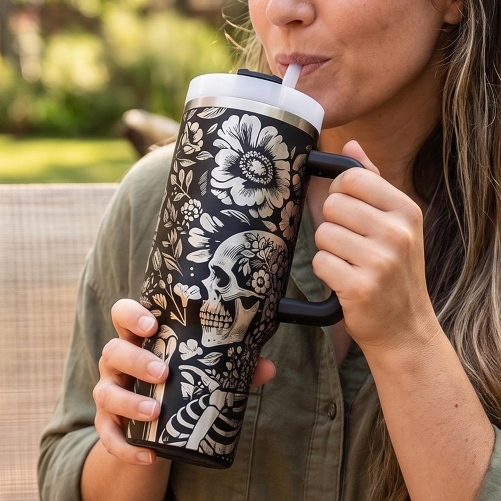 Insulated Skull Cup Gothic Black Tumbler Stainless Steel Thermal Drinkware Skeleton Floral Design Dark Aesthetic Beverage Container Halloween Gift Idea Spooky Travel Mug Alternative Lifestyle Accessory Premium Double Walled Construction