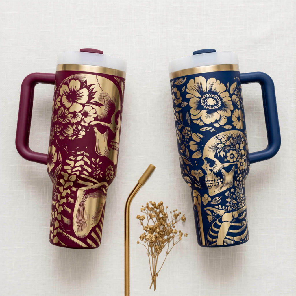 Travel Mug 40oz Insulated Tumbler Stainless Steel Cup Gothic Aesthetic Design Floral Skull Pattern Metallic Gold Ornate Details Double Wall Construction Temperature Control Leak Resistant Lid Daily Hydration Essential Halloween Gift