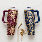 Travel Mug 40oz Insulated Tumbler Stainless Steel Cup Gothic Aesthetic Design Floral Skull Pattern Metallic Gold Ornate Details Double Wall Construction Temperature Control Leak Resistant Lid Daily Hydration Essential Halloween Gift