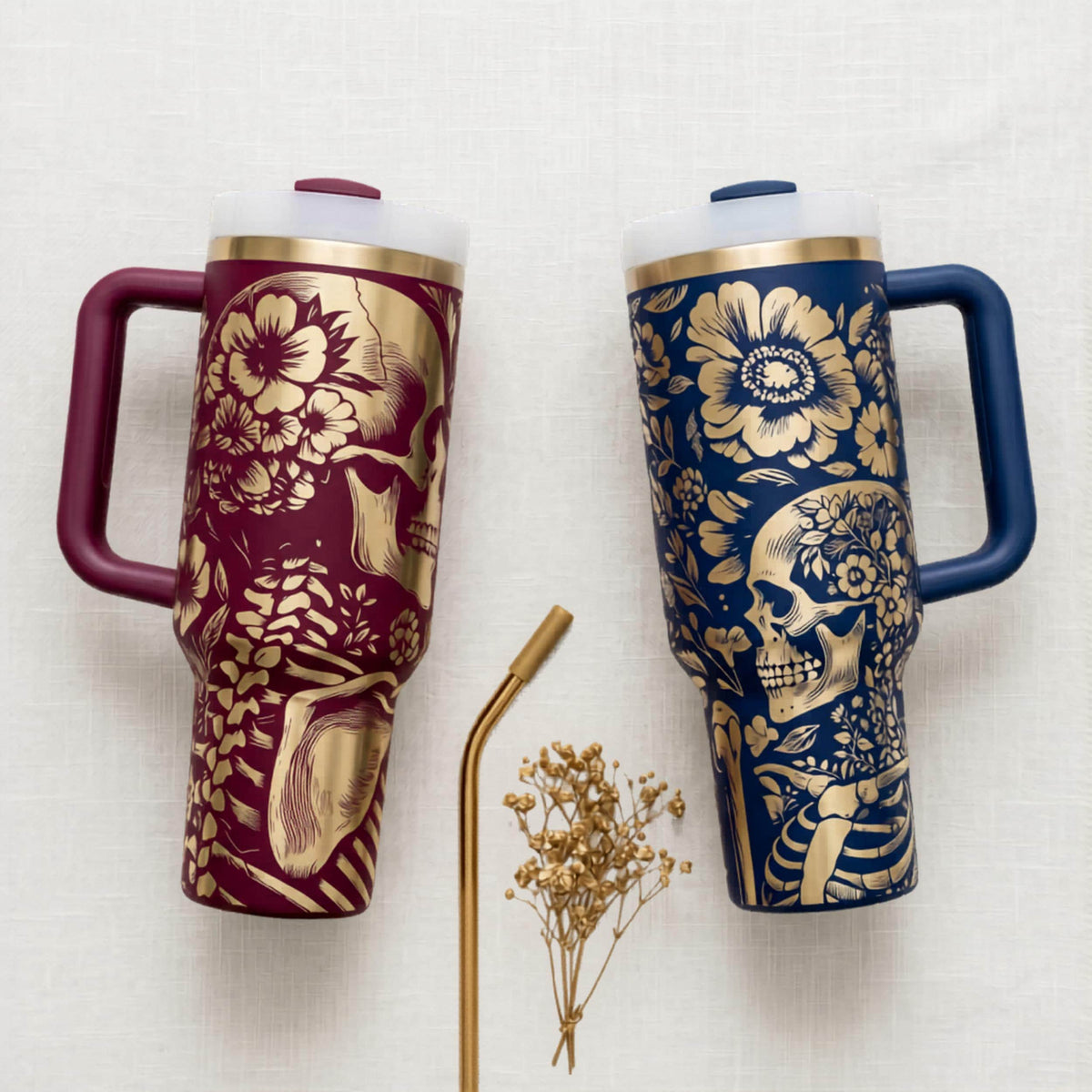 Travel Mug 40oz Insulated Tumbler Stainless Steel Cup Gothic Aesthetic Design Floral Skull Pattern Metallic Gold Ornate Details Double Wall Construction Temperature Control Leak Resistant Lid Daily Hydration Essential Halloween Gift