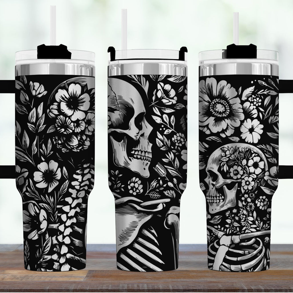Skull Pattern Tumbler Floral Design Metallic Gold Details 40oz Insulated Cup Stainless Steel Construction Double Wall Temperature Control Gothic Aesthetic Drinkware Leak Resistant Travel Mug Daily Hydration Container Halloween Gift Ideas