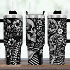 Skull Pattern Tumbler Floral Design Metallic Gold Details 40oz Insulated Cup Stainless Steel Construction Double Wall Temperature Control Gothic Aesthetic Drinkware Leak Resistant Travel Mug Daily Hydration Container Halloween Gift Ideas
