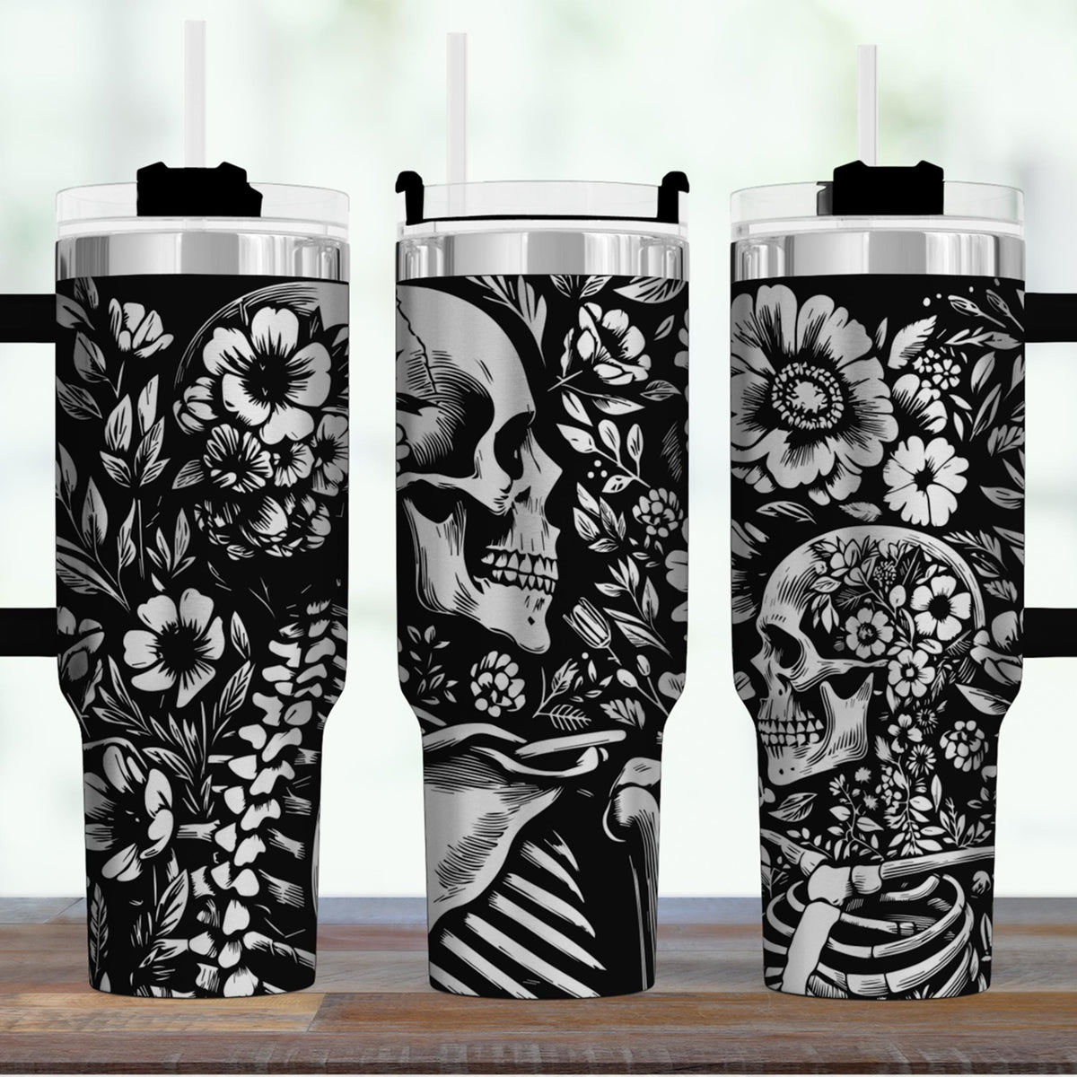 Skull Pattern Tumbler Floral Design Metallic Gold Details 40oz Insulated Cup Stainless Steel Construction Double Wall Temperature Control Gothic Aesthetic Drinkware Leak Resistant Travel Mug Daily Hydration Container Halloween Gift Ideas