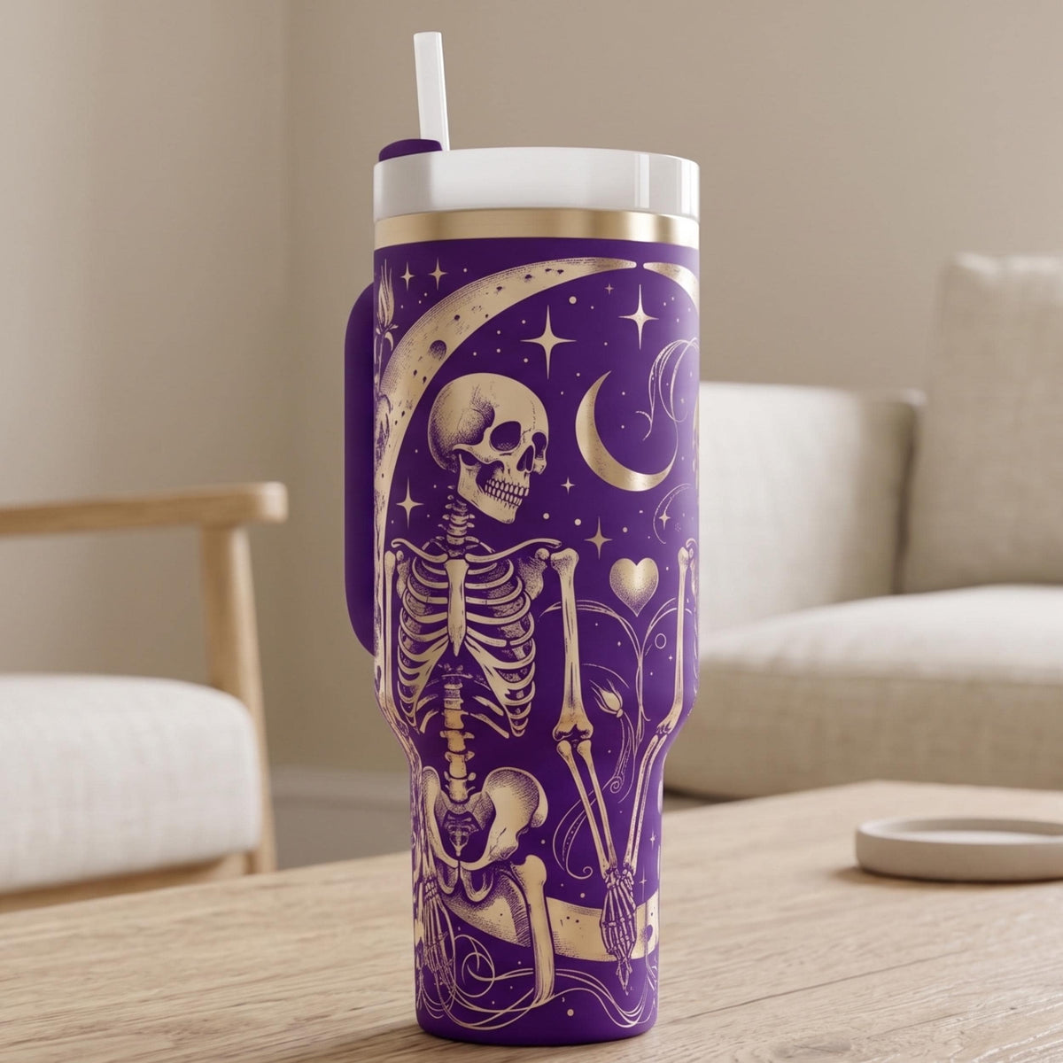 Large 40oz Insulated Tumbler Double Walled Stainless Steel Construction Premium Quality Gothic Skeleton Rose Pattern Silver Engraved Temperature Control Hours Handle Comfort Lid Straw Dark Mystical Aesthetic Magenta Pink Travel Mug Daily