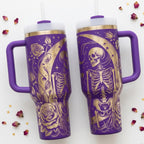 Gothic Alternative Aesthetic Drinkware Mystical Design Skeleton Rose Celestial Elements Engraved Silver 40oz Insulated Tumbler Stainless Steel Construction Double Wall Temperature Retention Handle Comfort Design Vibrant Magenta Pink
