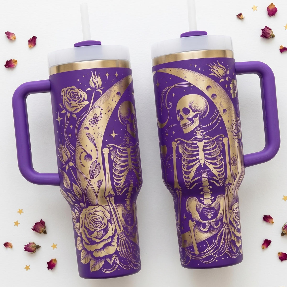 Gothic Alternative Aesthetic Drinkware Mystical Design Skeleton Rose Celestial Elements Engraved Silver 40oz Insulated Tumbler Stainless Steel Construction Double Wall Temperature Retention Handle Comfort Design Vibrant Magenta Pink