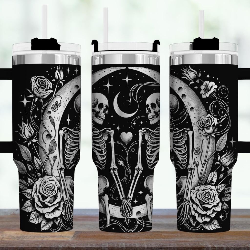 40oz Insulated Travel Mug Stainless Steel Construction Gothic Skeleton Design Rose Pattern Engraved Details Double Wall Insulation Temperature Retention Handle Comfort Daily Beverage Container Hot Cold Drinks Dark Aesthetic Mystical