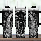 40oz Insulated Travel Mug Stainless Steel Construction Gothic Skeleton Design Rose Pattern Engraved Details Double Wall Insulation Temperature Retention Handle Comfort Daily Beverage Container Hot Cold Drinks Dark Aesthetic Mystical