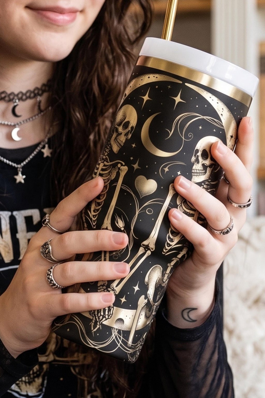 Gothic Skull Tumbler Cup Design Skeleton Rose Artwork Dark Academia Aesthetic Macabre Style Drinkware Stainless Steel Construction Double Walled Insulation Temperature Control Large Capacity Travel Mug Daily Use Hot Cold Beverages Halloween